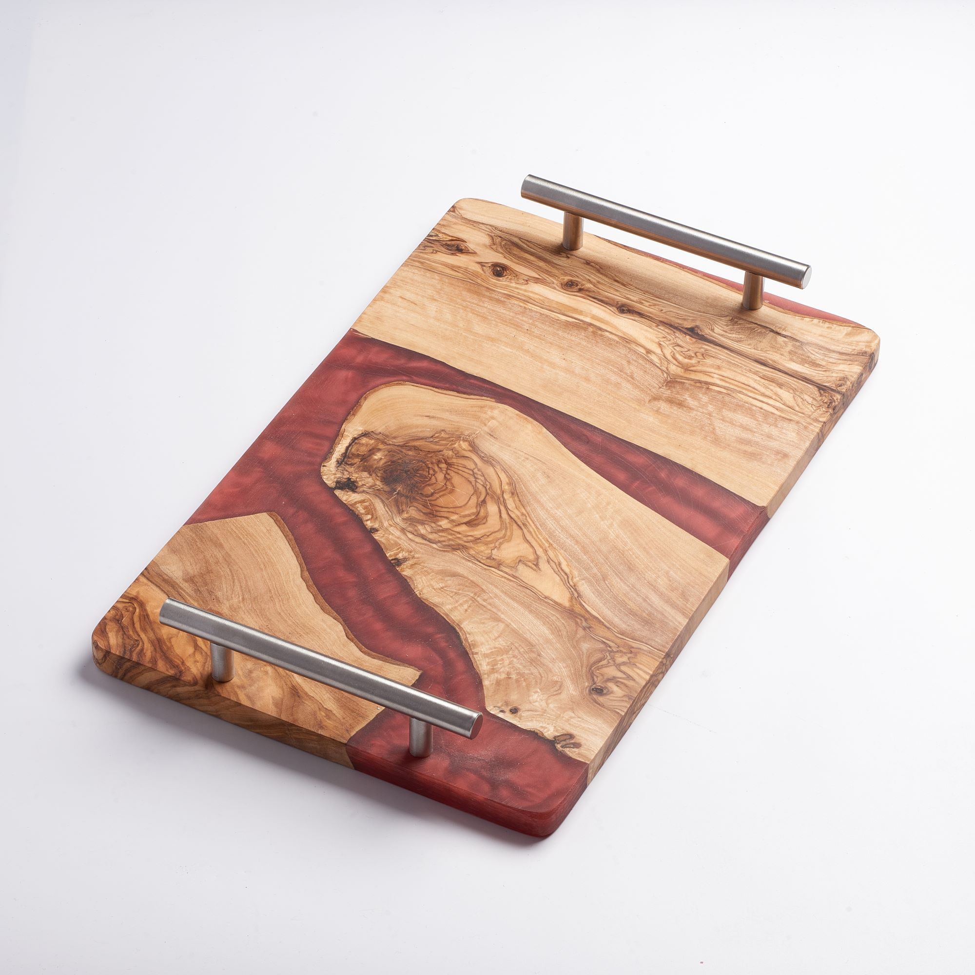 Olivenholztablett mit Epoxidharz und Metallgriff Rot