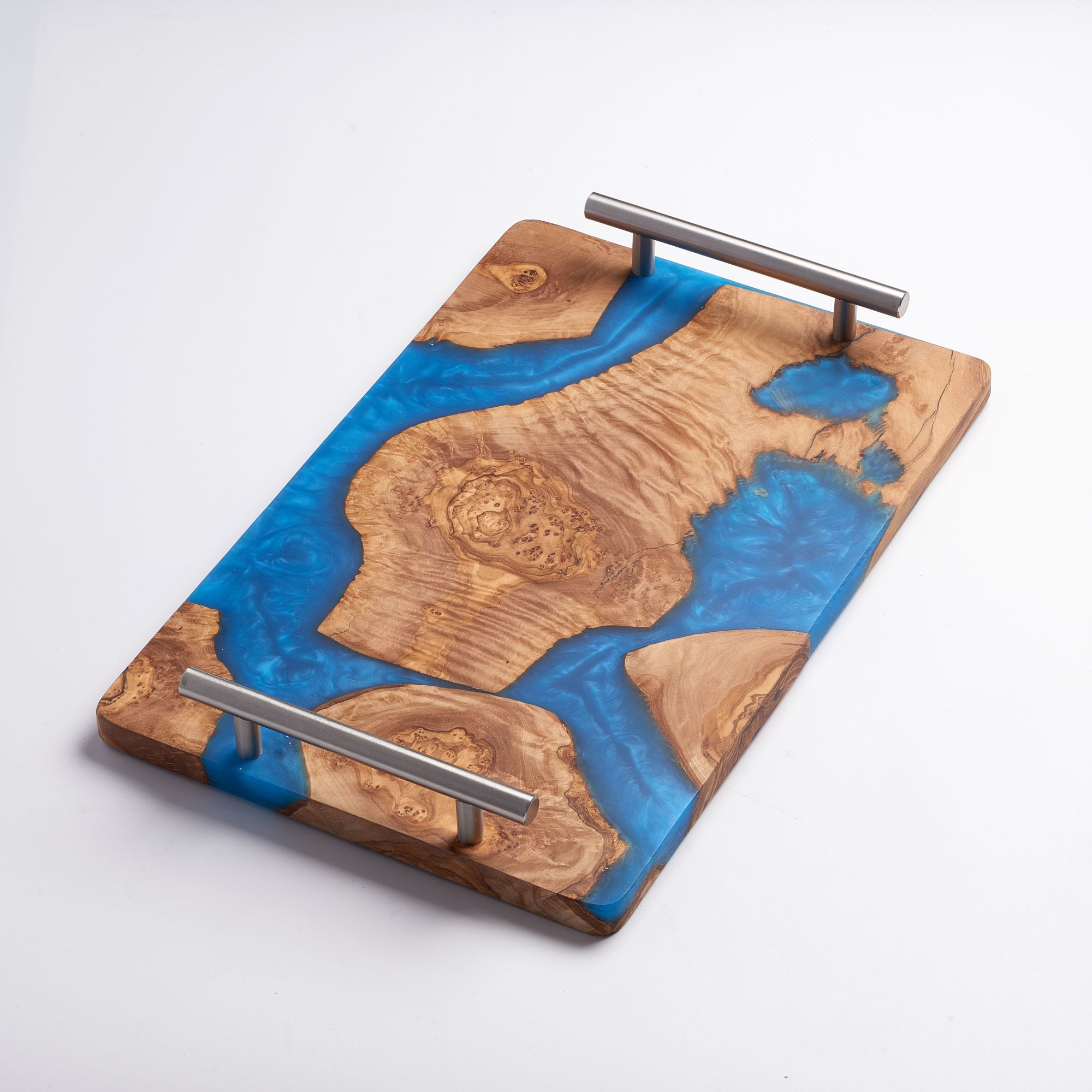 Olivenholztablett mit Epoxidharz und Metallgriff Blau