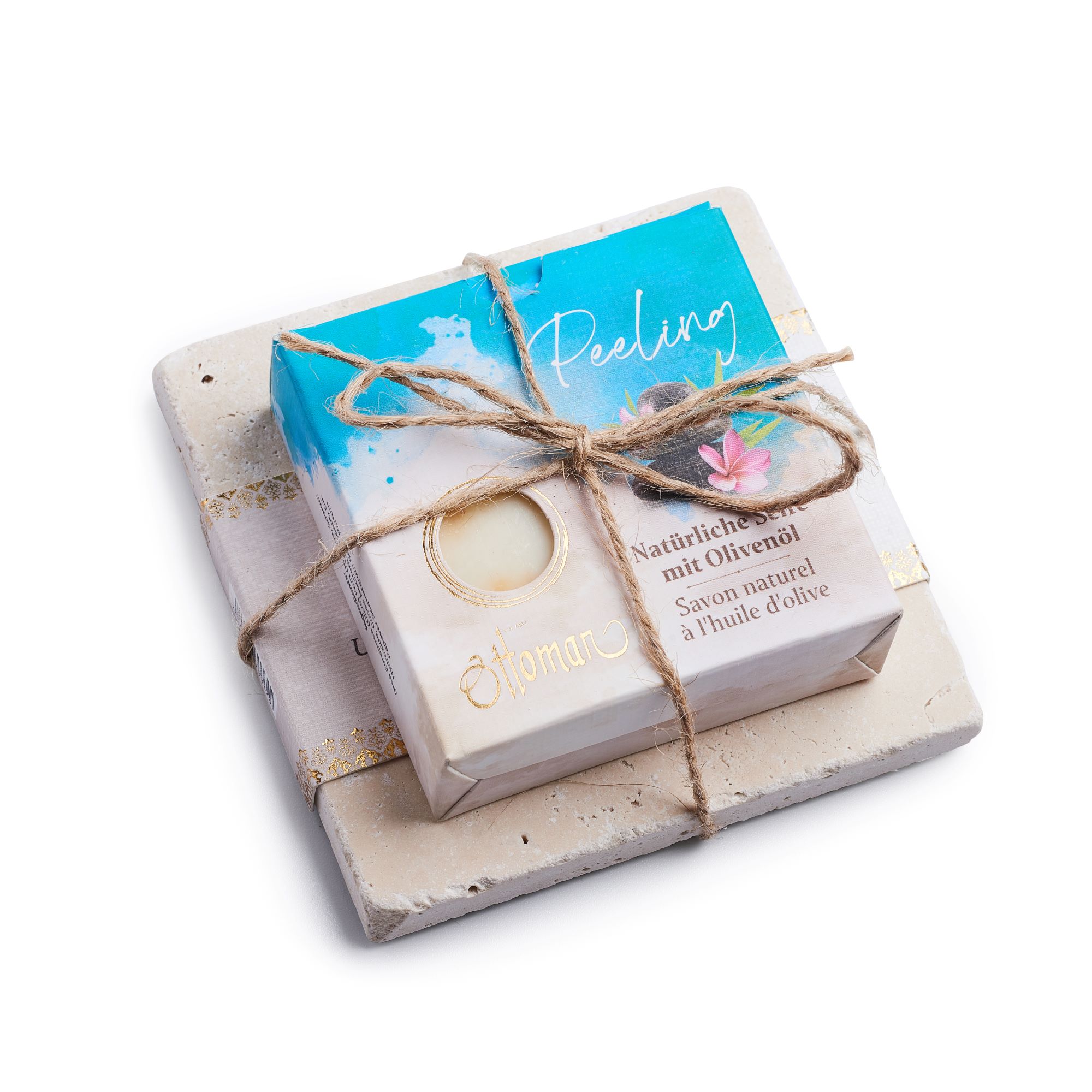 Travertin-Seifenset mit Peeling Naturseifen