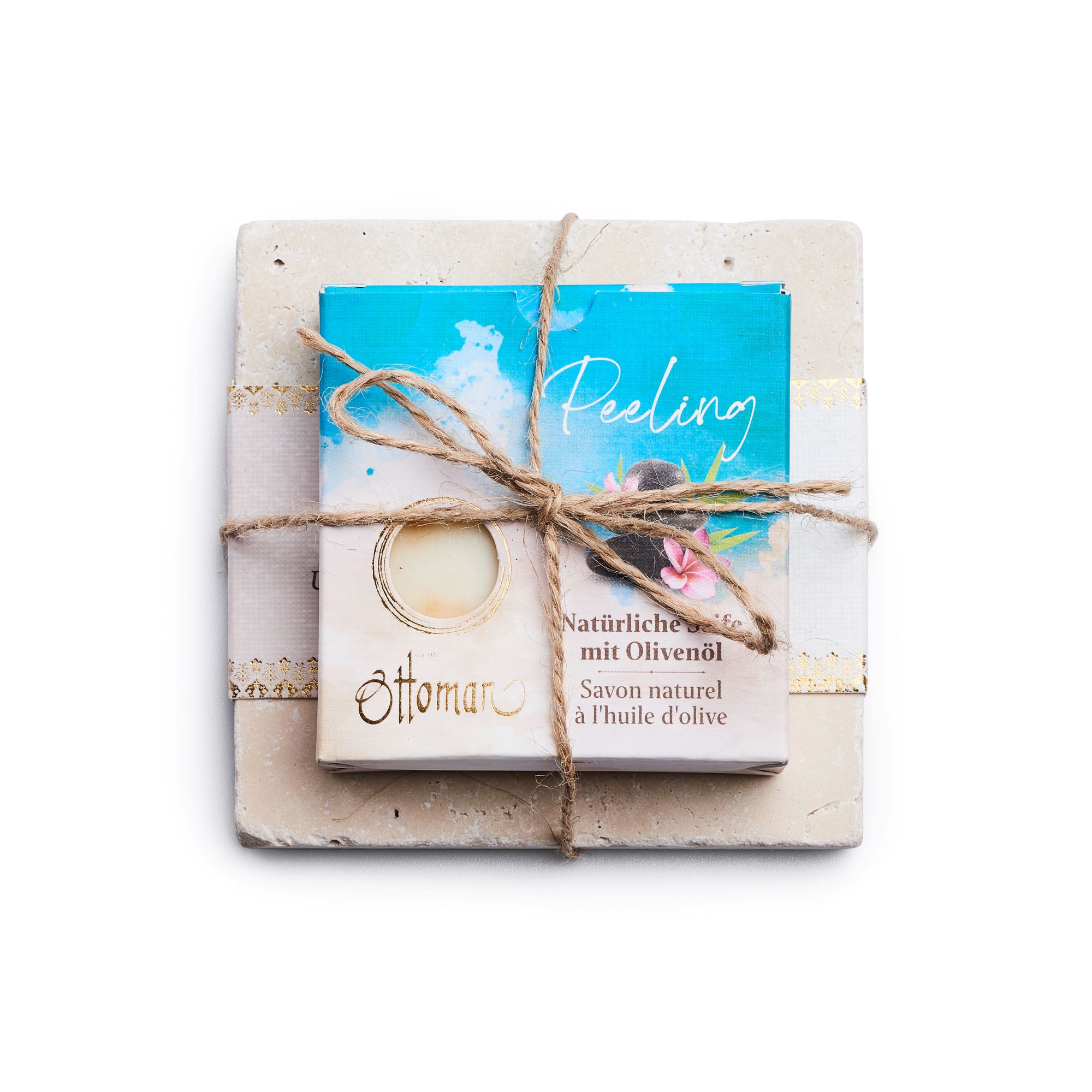 Travertin-Seifenset mit Peeling Naturseifen
